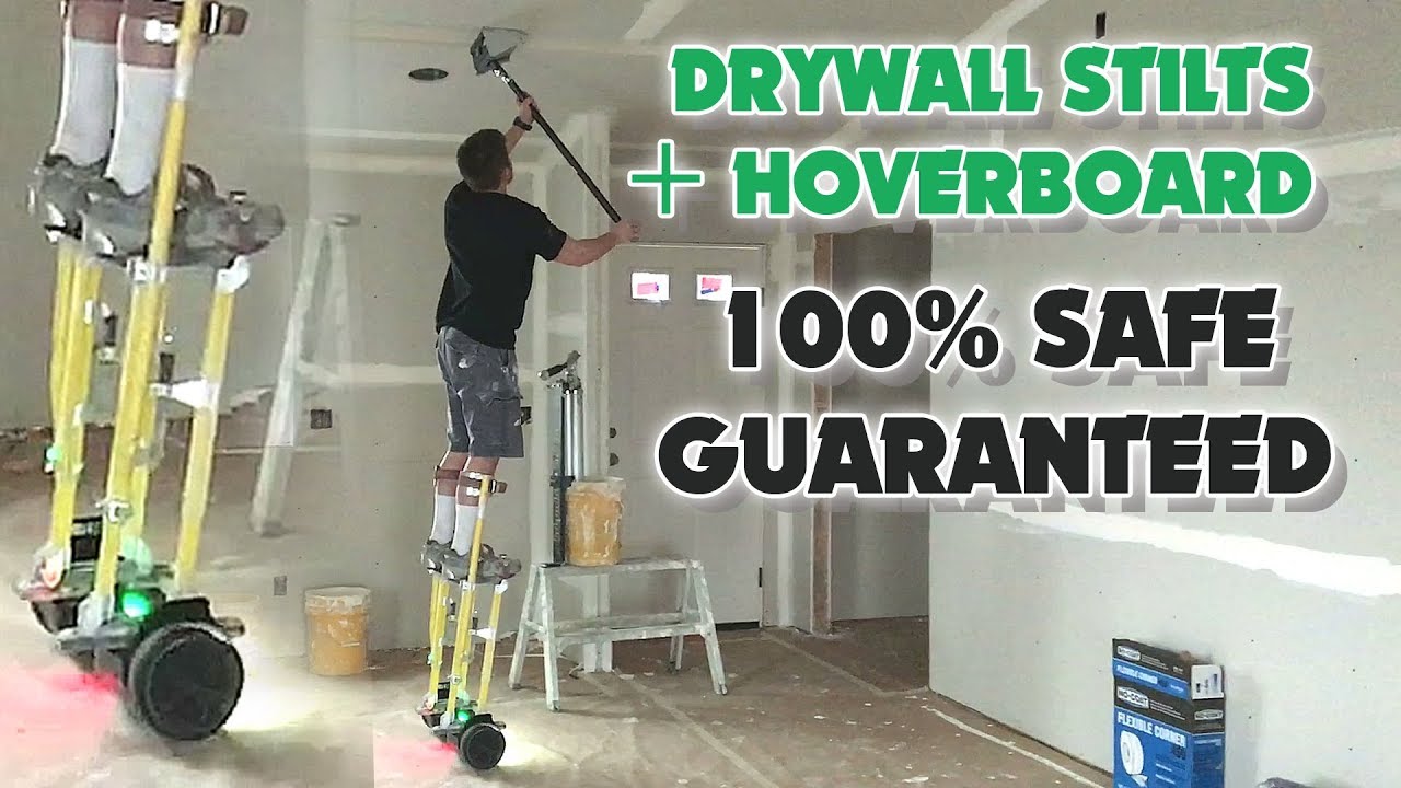 CRAZY Drywall Construction Worker Uses Flat Box while Riding Hoverboard ON STILTS!