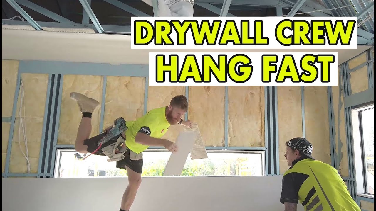Construction Worker Crew Hang Drywall Ceiling Fast